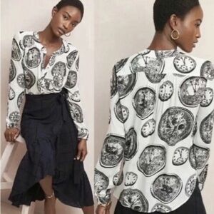 Anthropologie 52 Conversations Black and White Clock Pattern Blouse in Size 2